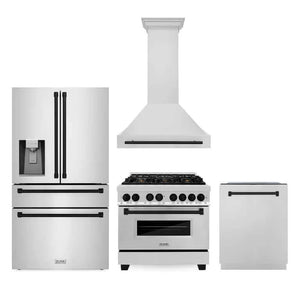 ZLINE Autograph Edition 36 in. Kitchen Package with Stainless Steel Dual Fuel Range, Range Hood, Dishwasher and Refrigeration with Matte Black Accents (4AKPR-RARHDWM36-MB)