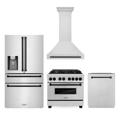 ZLINE Autograph Edition 36 in. Kitchen Package with Stainless Steel Dual Fuel Range, Range Hood, Dishwasher and Refrigeration with Matte Black Accents (4AKPR-RARHDWM36-MB)
