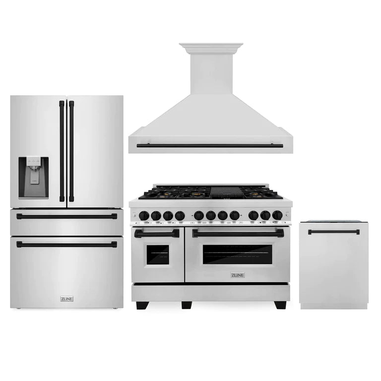 ZLINE Autograph Edition 48 in. Kitchen Package with Stainless Steel Dual Fuel Range, Range Hood, Dishwasher and Refrigeration with Matte Black Accents (4AKPR-RARHDWM48-MB)