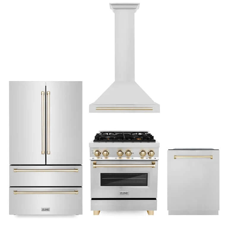ZLINE 4-Piece Autograph Edition Stainless Steel Kitchen Package with Dual Fuel Range, Range Hood, Dishwasher and French Door Refrigerator with matching Polished Gold accents.