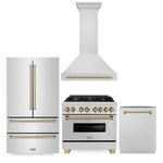 ZLINE Autograph Edition 36 in. Kitchen Package with Stainless Steel Dual Fuel Range, Range Hood, Dishwasher and Refrigeration with Champagne Bronze Accents (4KAPR-RARHDWM36-CB)