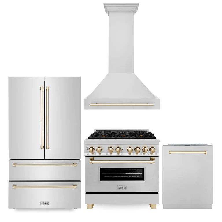 ZLINE 4-Piece Autograph Edition Stainless Steel Kitchen Package with Dual Fuel Range, Range Hood, Dishwasher and French Door Refrigerator with matching Polished Gold accents.