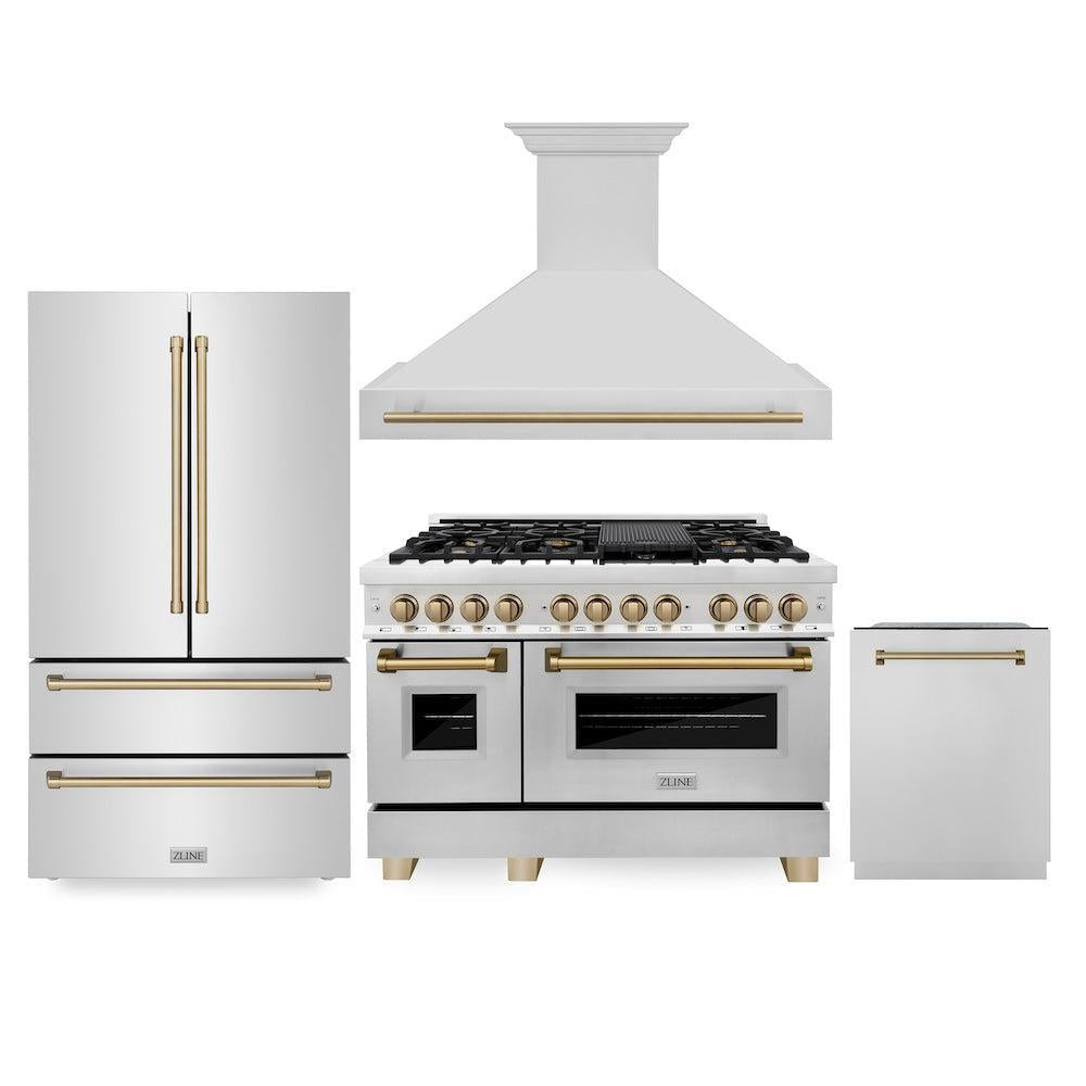 ZLINE Autograph Edition 48 in. Kitchen Package with Stainless Steel Dual Fuel Range, Range Hood, Dishwasher and Refrigeration with Champagne Bronze Accents (4KAPR-RARHDWM48-CB)
