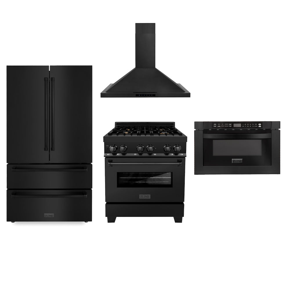 ZLINE Kitchen Package with Black Stainless Steel 30 in. Dual Fuel Range, 36 in. French Door Refrigerator, 30 in. Range Hood, and 24 in. Microwave Drawer (4KPR-RABRH30-MW)