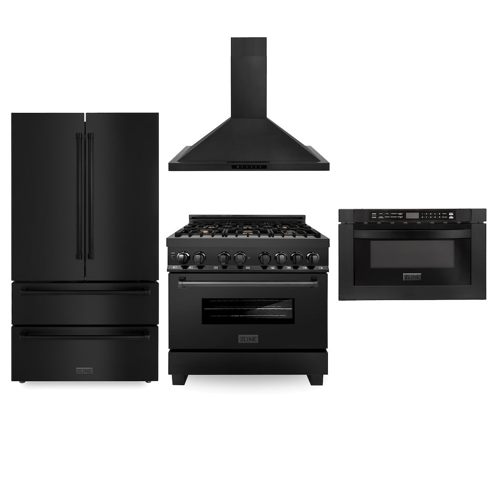 ZLINE Kitchen Package with Black Stainless Steel 36 in. Dual Fuel Range, 36 in. Range Hood, French Door Refrigerator, and Microwave Drawer (4KPR-RABRH36-MW)