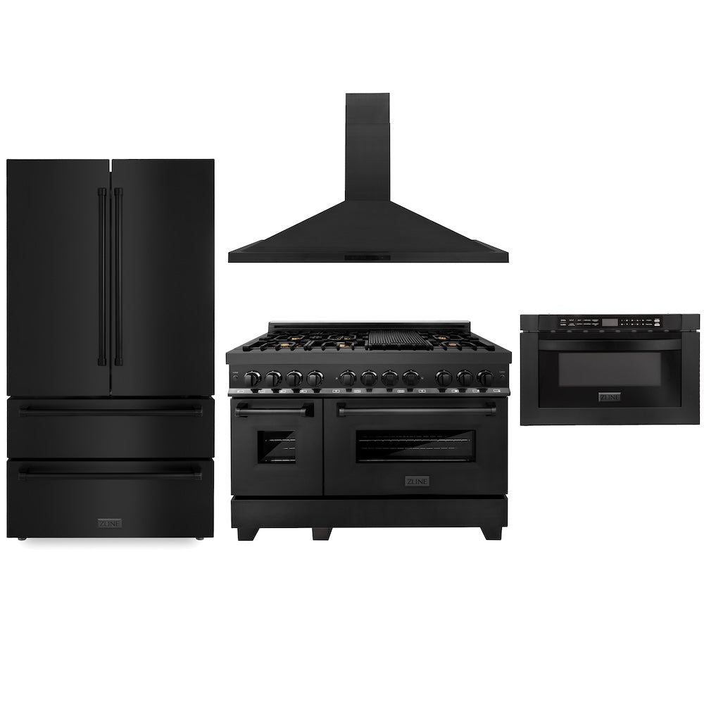 ZLINE Kitchen Package with Black Stainless Steel 48 in. Dual Fuel Range, Range Hood, French Door Refrigerator, and Microwave Drawer (4KPR-RABRH48-MW)