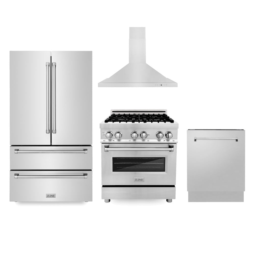 ZLINE Kitchen Package with 30 in. Stainless Steel Dual Fuel Range, 30 in. Convertible Vent Range Hood, 36 in. French Door Refrigerator, and 24 in. Tall Tub Dishwasher (4KPR-RARH30-DWV)