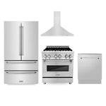 ZLINE Kitchen Package with Refrigeration, 30 in. Stainless Steel Dual Fuel Range, 30 in. Convertible Vent Range Hood and 24 in. Tall Tub Dishwasher (4KPR-RARH30-DWV)