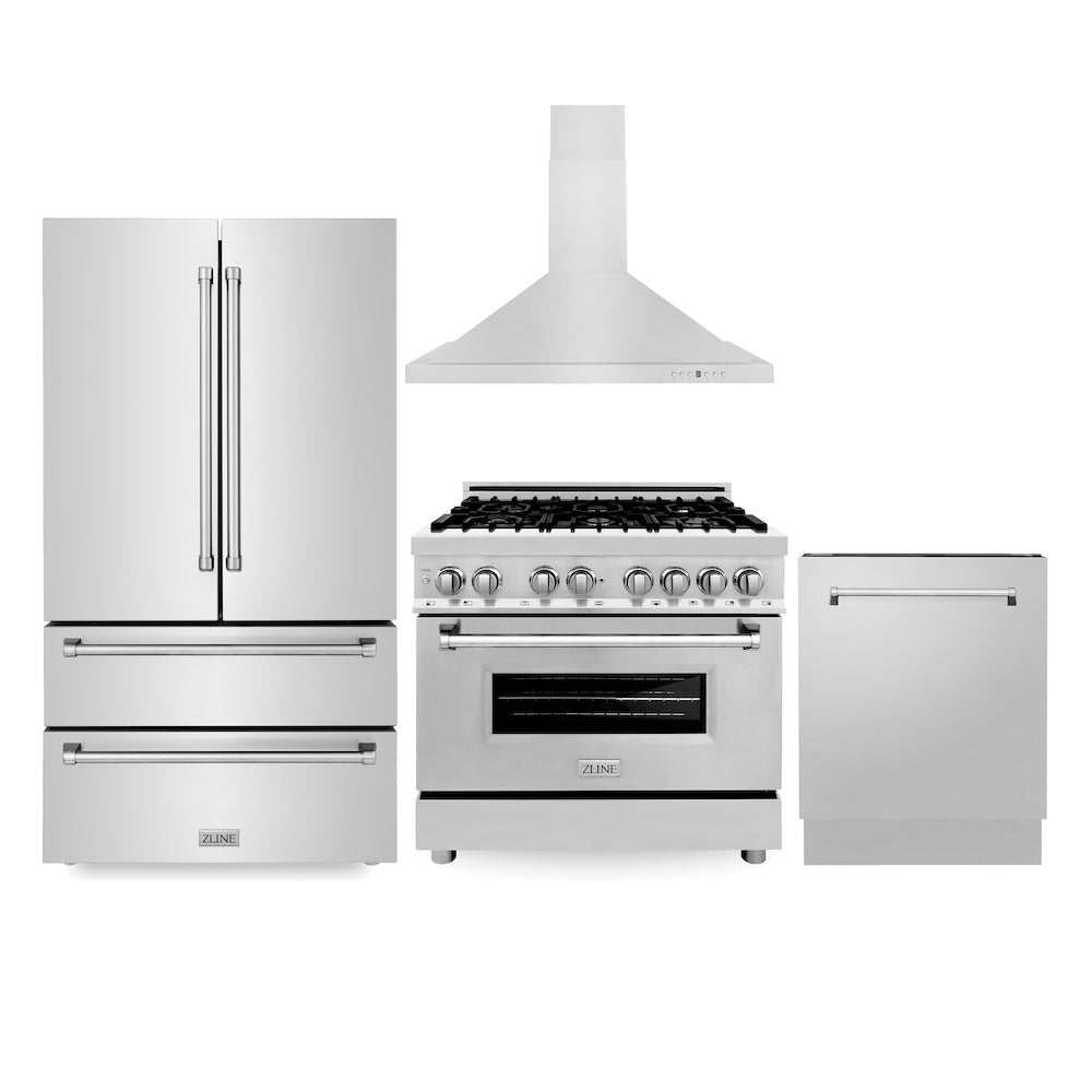 ZLINE Kitchen Package with 36 in. Stainless Steel Dual Fuel Range, 36 in. Convertible Vent Range Hood, Refrigerator, and 24 in. Tall Tub Dishwasher (4KPR-RARH36-DWV)