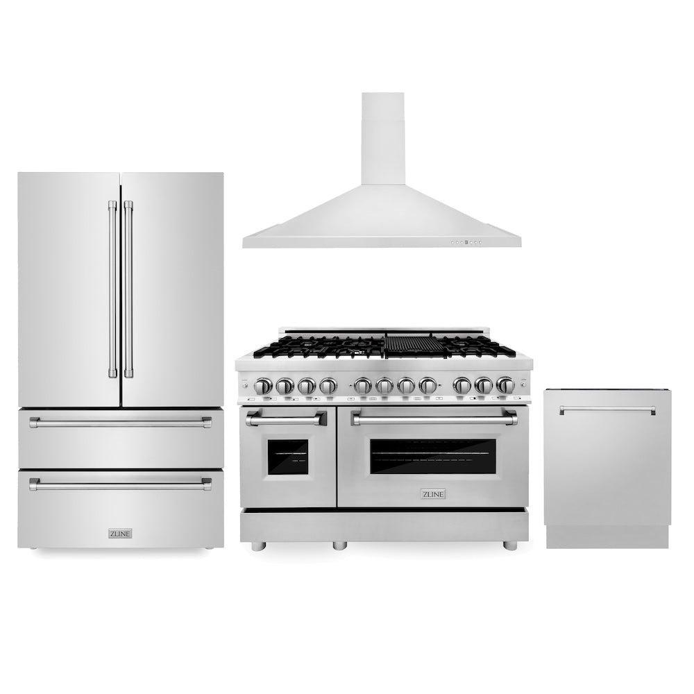 ZLINE Kitchen Package with Refrigerator, 48 in. Stainless Steel Dual Fuel Range, 48 in. Convertible Vent Range Hood and 24 in. Tall Tub Dishwasher (4KPR-RARH48-DWV)