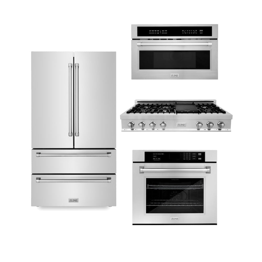 ZLINE Kitchen Package with 48 in. Stainless Steel Rangetop, 30 in. Single Wall Oven, 36 in. Refrigerator, and 30 in. Microwave Oven (4KPR-RT48-MWAWS)