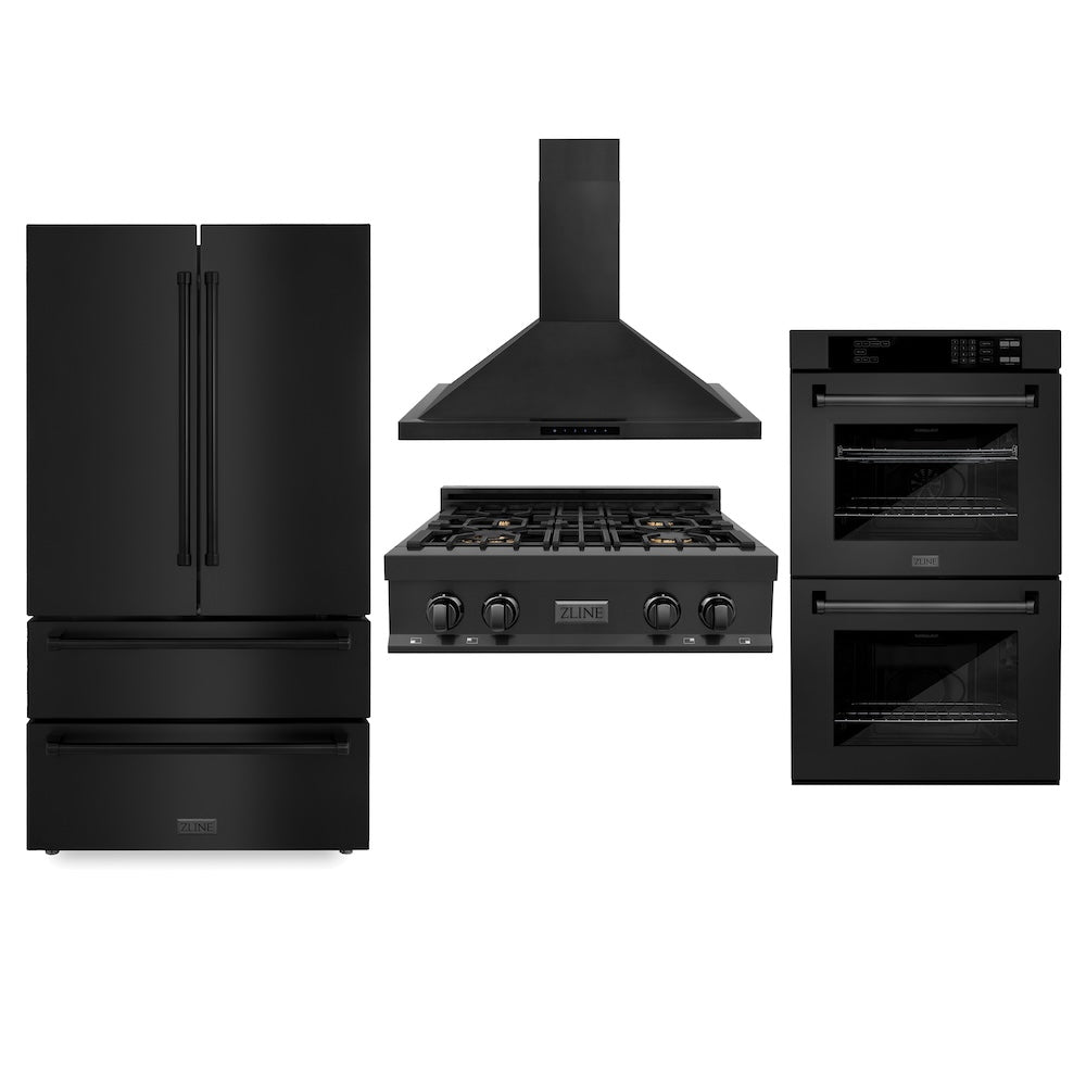 ZLINE Kitchen Package with Black Stainless Steel 30 in. Rangetop, 30 in. Range Hood, 36 in. French Door Refrigerator, and 30 in. Double Wall Oven (4KPR-RTBRH30-AWD)