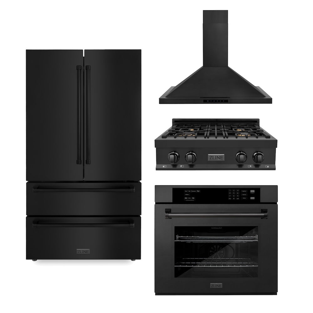 ZLINE Kitchen Package with Black Stainless Steel 30 in. Rangetop, 30 in. Range Hood, 36 in. French Door Refrigerator, and 30 in. Single Wall Oven (4KPR-RTBRH30-AWS)