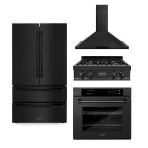 ZLINE Kitchen Package with Black Stainless Steel 30 in. Rangetop, 30 in. Range Hood, 36 in. French Door Refrigerator, and 30 in. Single Wall Oven (4KPR-RTBRH30-AWS)