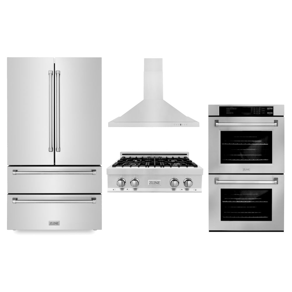 ZLINE Kitchen Package with Refrigerator, 30 in. Stainless Steel Rangetop, 30 in. Range Hood and 30 in. Double Wall Oven (4KPR-RTRH30-AWD)