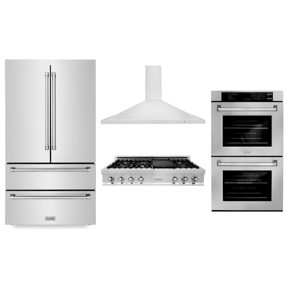 ZLINE Kitchen Package with 48 in. Stainless Steel Rangetop, 48 in. Range Hood, 36 in. Refrigerator, and 30 in. Double Wall Oven (4KPR-RTRH48-AWD)