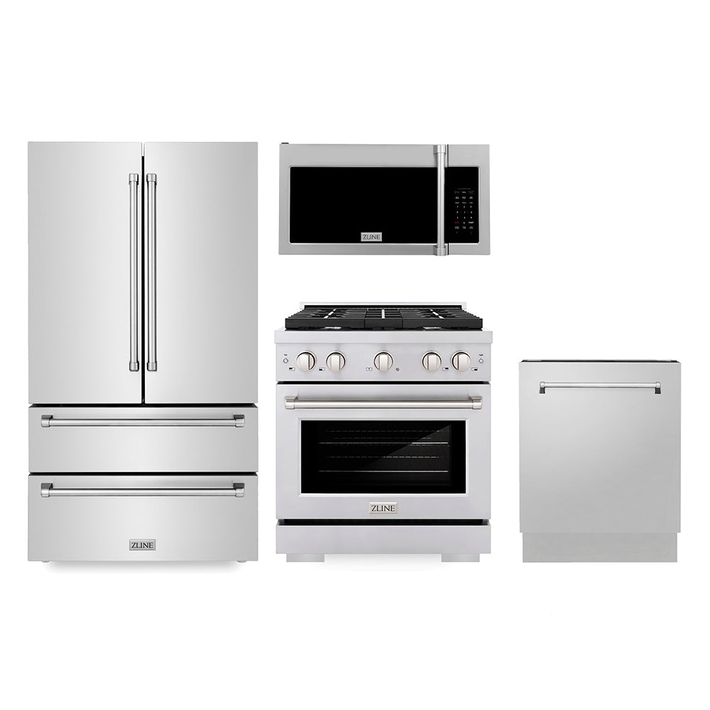 ZLINE Kitchen Package with 30 in. Stainless Steel Gas Range, 30 in. Traditional Over The Range Microwave, 36 in. French Door Refrigerator, and 24 in. Tall Tub Dishwasher (4KPR-SGROTRH30-DWV)