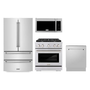 ZLINE Kitchen Package with 30 in. Stainless Steel Gas Range, 30 in. Traditional Over The Range Microwave, 36 in. French Door Refrigerator, and 24 in. Tall Tub Dishwasher (4KPR-SGROTRH30-DWV)