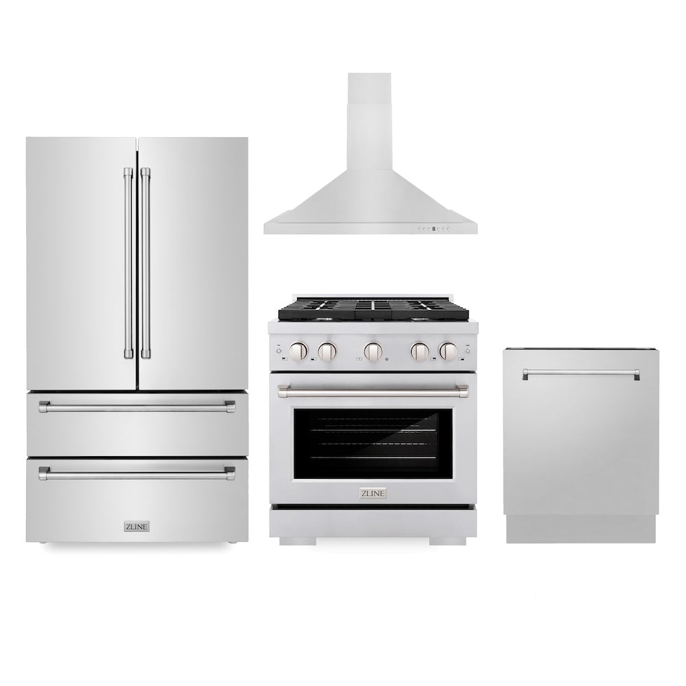 ZLINE Kitchen Package with 30 in. Stainless Steel Gas Range, 30 in. Convertible Vent Range Hood, 36 in. French Door Refrigerator, and 24 in. Tall Tub Dishwasher (4KPR-SGRRH30-DWV)