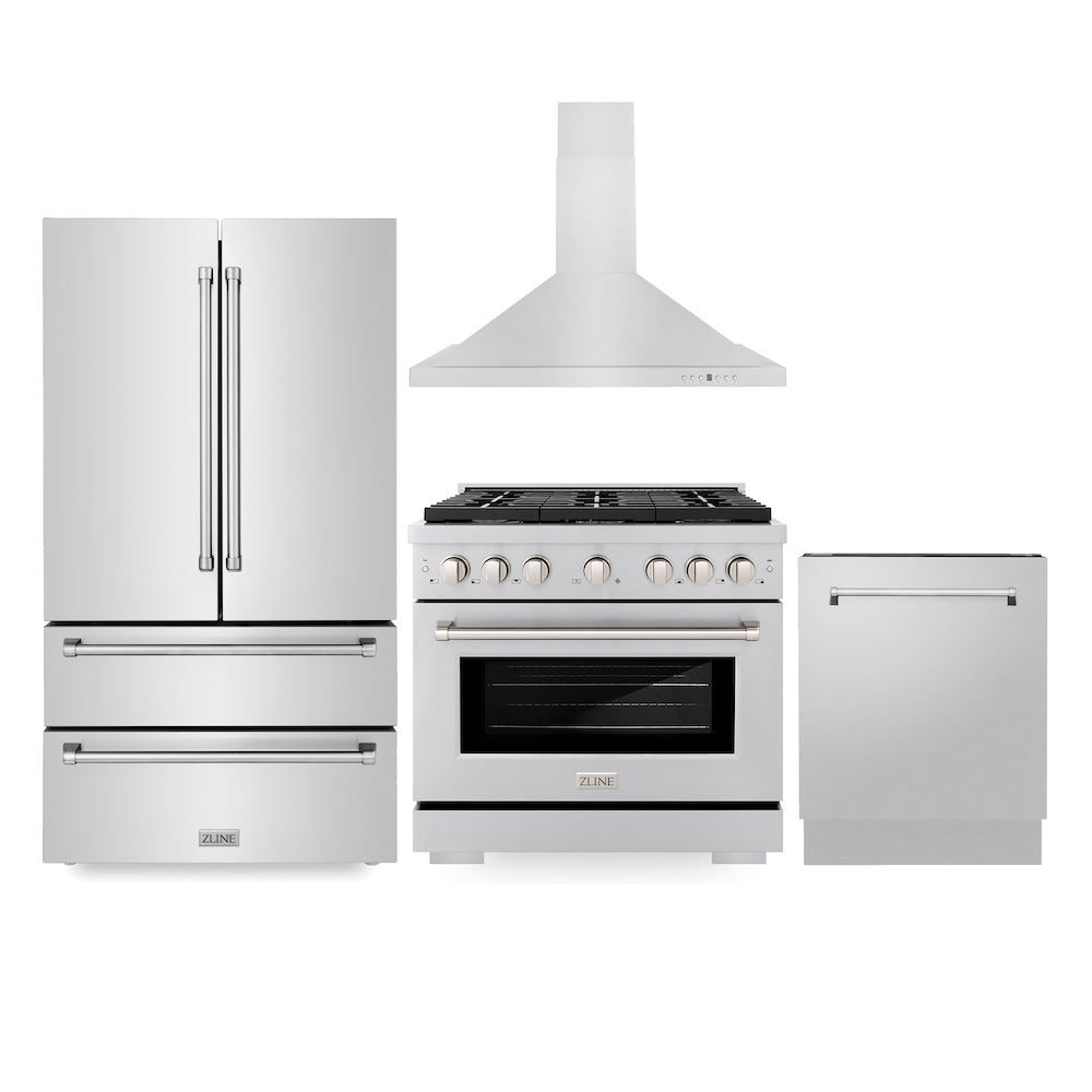 ZLINE Kitchen Package 36 in. Stainless Steel Gas Range, 36 in. Convertible Vent Range Hood, 36 in. French Door Refrigerator, and 24 in. Tall Tub Dishwasher (4KPR-SGRRH36-DWV)