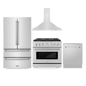 ZLINE Kitchen Package 36 in. Stainless Steel Gas Range, 36 in. Convertible Vent Range Hood, 36 in. French Door Refrigerator, and 24 in. Tall Tub Dishwasher (4KPR-SGRRH36-DWV)