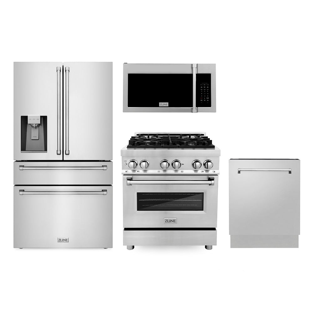 ZLINE Kitchen Package with 30 in. Dual Fuel Range, 30 in. Over the Range Microwave, 36 in. Refrigerator with Water Dispenser, and 24 in. Tall Tub Dishwasher (4KPRW-RAOTRH30-DWV)