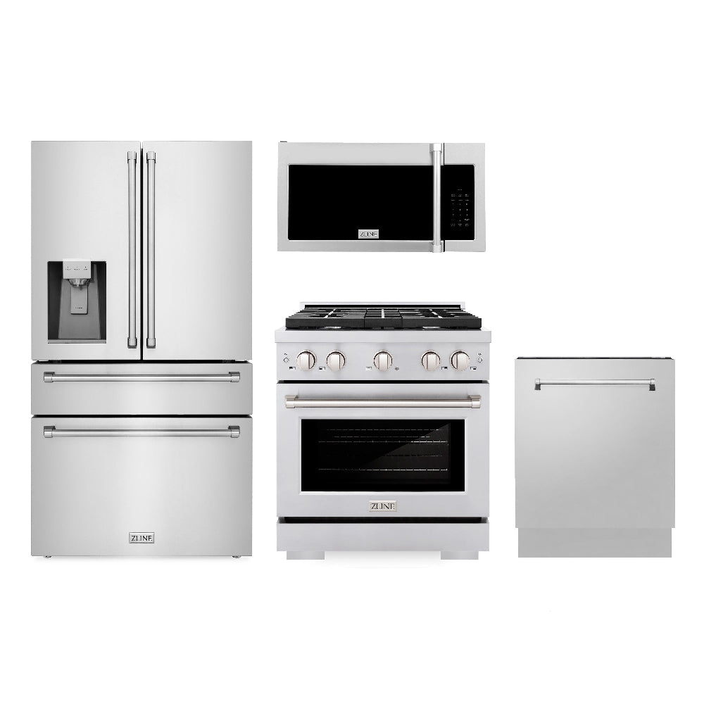 ZLINE Kitchen Package with 30 in. Gas Range, 30 in. Over the Range Microwave, 36 in. Refrigerator with Water Dispenser, and 24 in. Tall Tub Dishwasher (4KPRW-SGROTRH30-DWV)