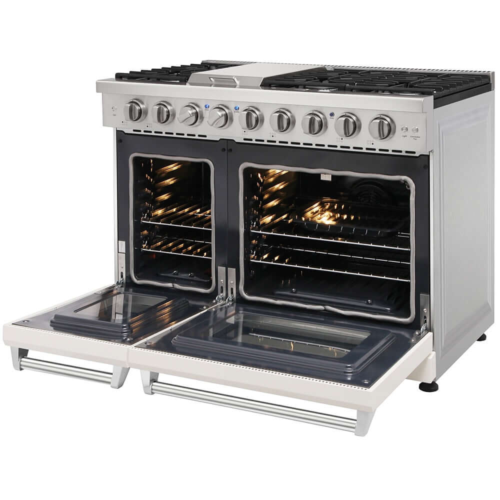 KOSTCH 48 in. Liquid Propane 6 Burner Gas Range with 6.8 cu. ft. Double Oven and Griddle in Stainless Steel with White Oven Doors (KOS-48RG03MLP-W)