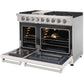 KOSTCH 48 in. 6 Burner Gas Range with 6.8 cu. ft. Double Oven and Griddle in Stainless Steel with White Oven Doors (KOS-48RG03M-W) with open doors on a white background