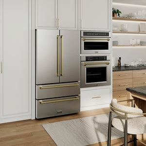 ZLINE Autograph Edition 36 in. 22.5 cu. ft. Counter-Depth French Door Refrigerator with Ice Maker in Fingerprint-Resistant Stainless Steel with Champagne Bronze Traditional Handles (RFMZ-36-CB) in a kitchen with stainless steel appliances and wooden flooring