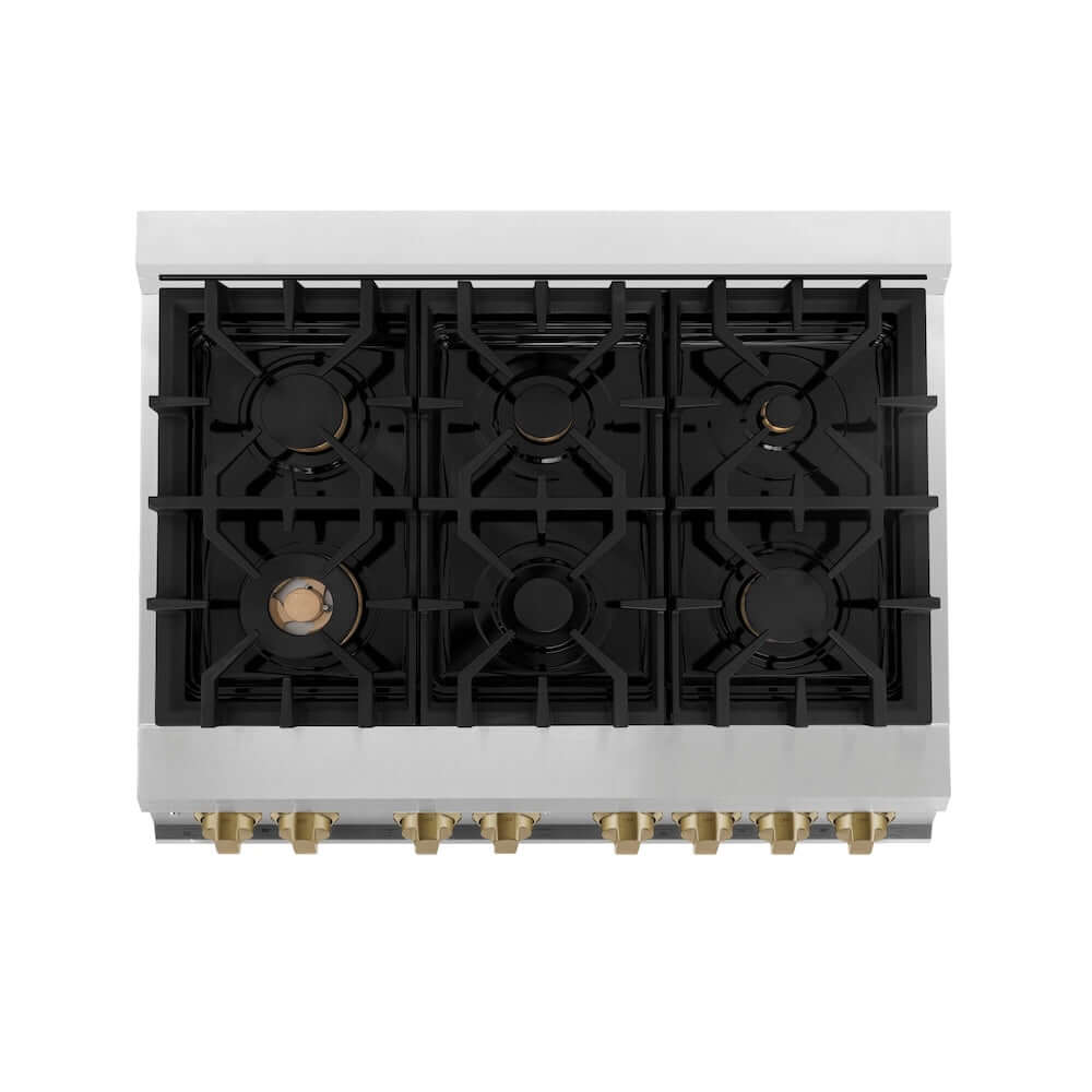 ZLINE Autograph Edition 36 in. 4.6 cu. ft. Legacy Dual Fuel Range with 6 Burner Gas Cooktop and Electric Convection Oven in Stainless Steel and Champagne Bronze Accents, Open Box-Great Condition