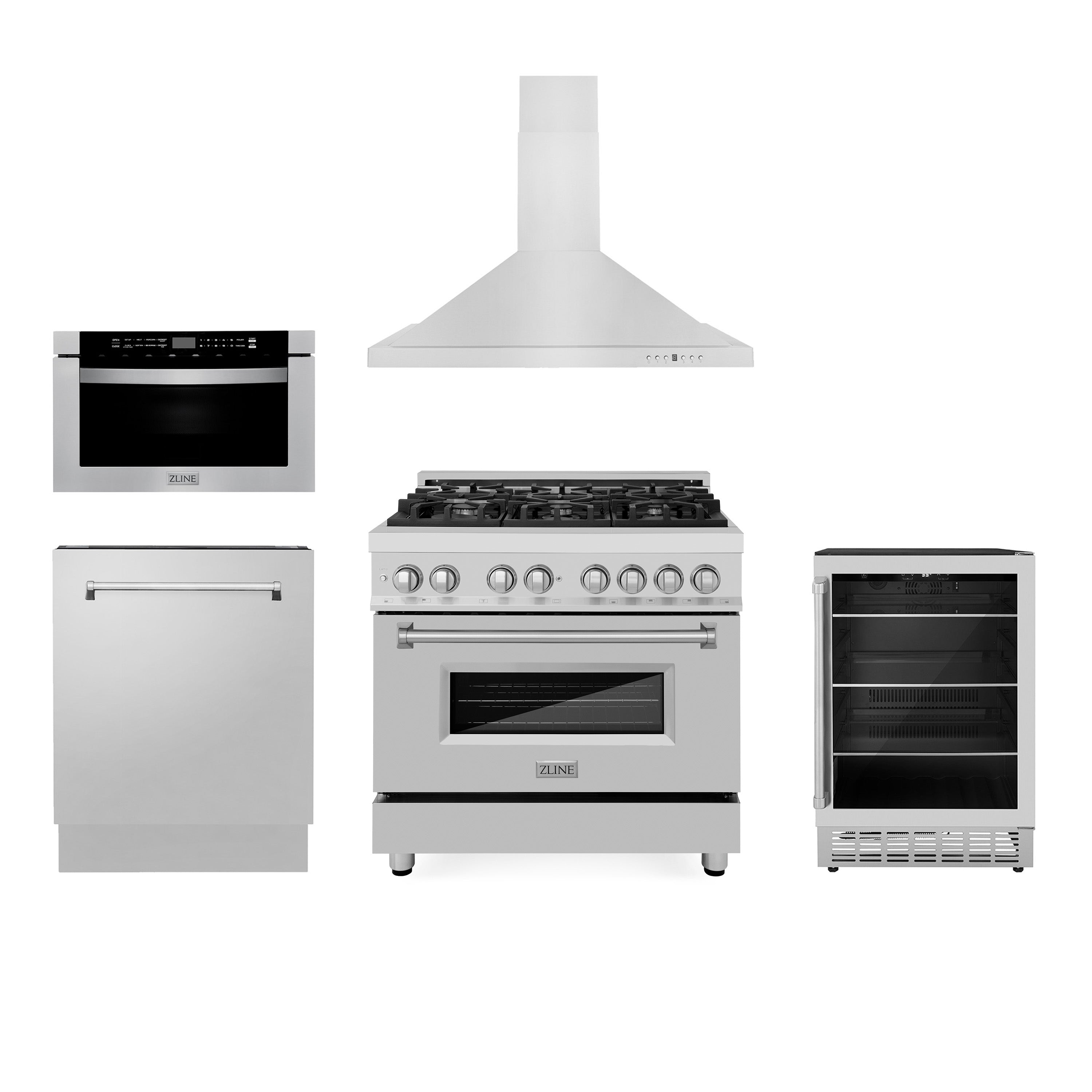 ZLINE 36 in. Kitchen Package with Stainless Steel Dual Fuel Range, Range Hood, Microwave Drawer, Tall Tub Dishwasher and Beverage Fridge (5KP-RARH36-MWDWV-RBV)