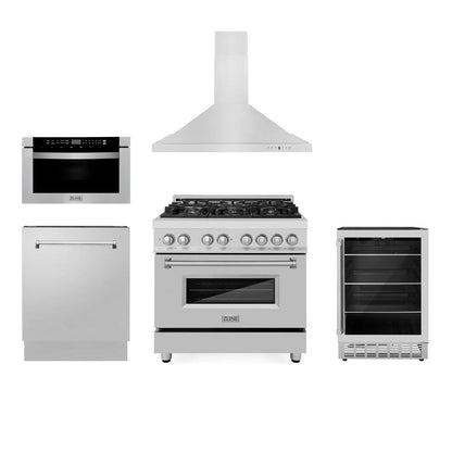 ZLINE 36 in. Kitchen Package with Stainless Steel Dual Fuel Range, Range Hood, Microwave Drawer, Tall Tub Dishwasher and Beverage Fridge (5KP-RARH36-MWDWV-RBV)