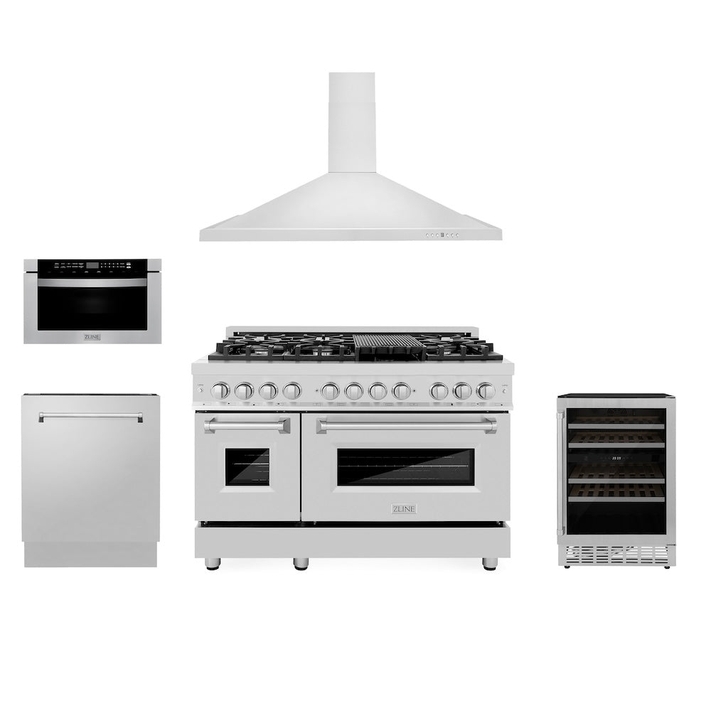 ZLINE 48 in. Kitchen Package with Stainless Steel Dual Fuel Range, Range Hood, Microwave Drawer, Tall Tub Dishwasher and Wine Cooler (5KP-RARH48-MWDWV-RWV)