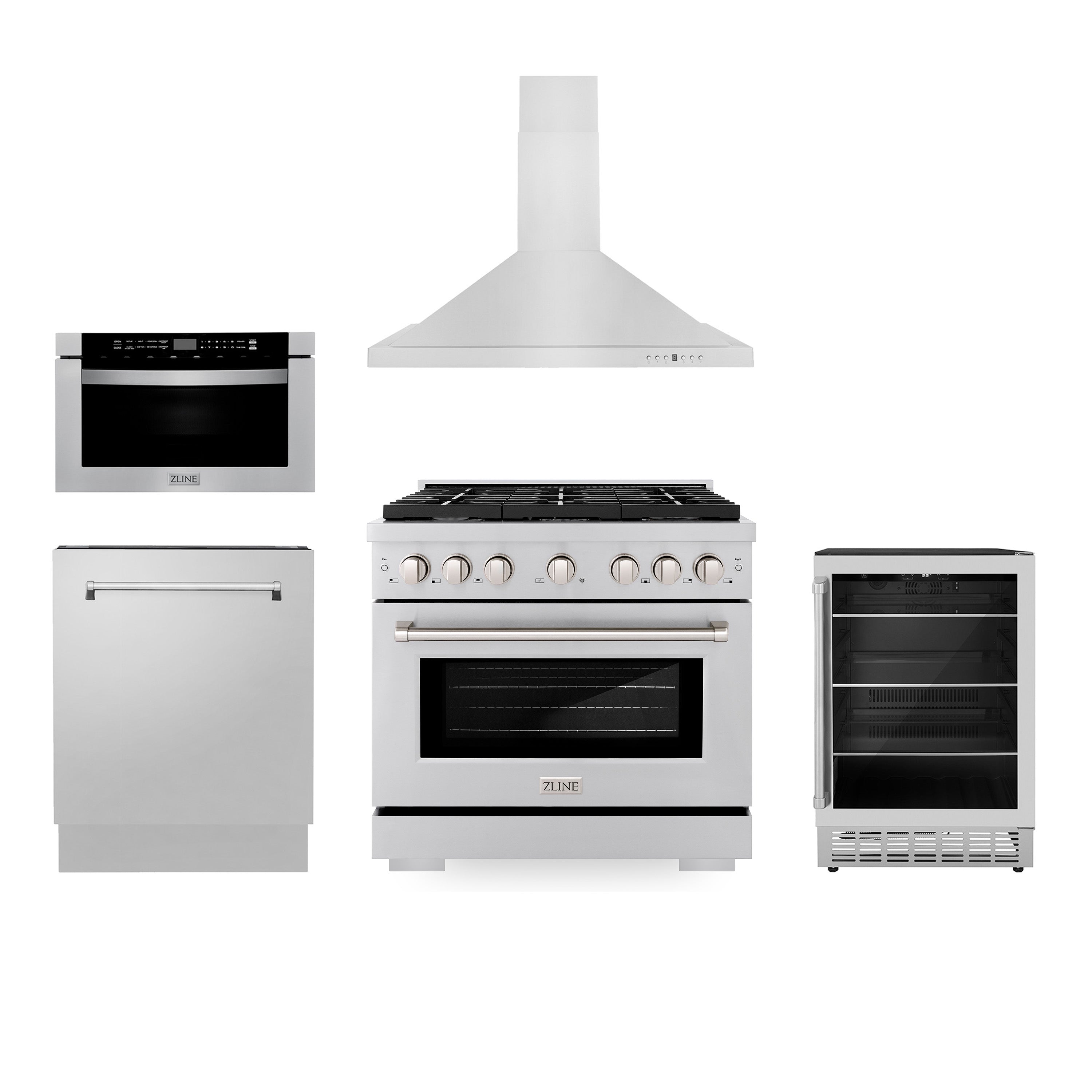 ZLINE 36 in. Kitchen Package with Stainless Steel Gas Range, Range Hood, Microwave Drawer, Tall Tub Dishwasher and Beverage Fridge (5KP-SGRRH36-MWDWV-RBV)