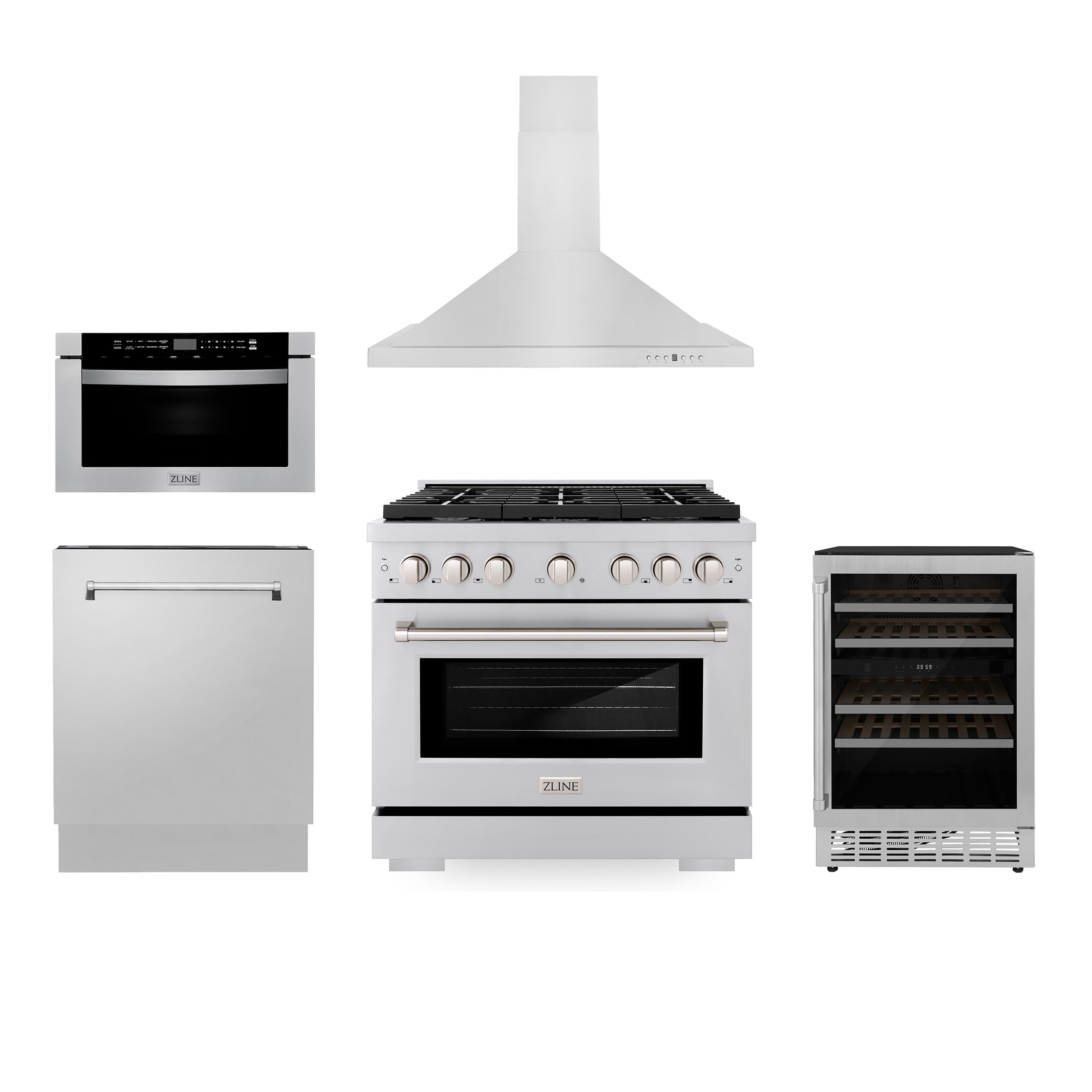 ZLINE 36 in. Kitchen Package with Stainless Steel Gas Range, Range Hood, Microwave Drawer, Tall Tub Dishwasher and Wine Cooler (5KP-SGRRH36-MWDWV-RWV)