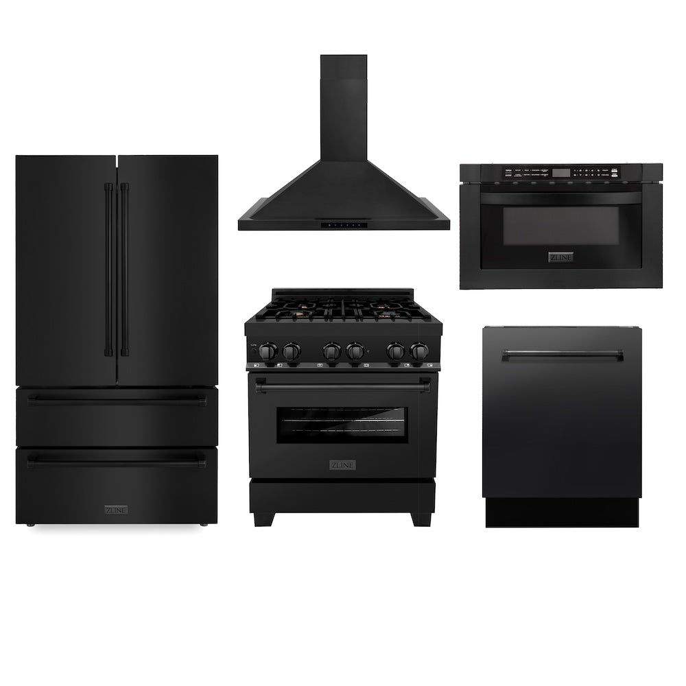 ZLINE Kitchen Package with Black Stainless Steel 30 in. Dual Fuel Range, 30 in. Range Hood, 36 in. French Door Refrigerator, 24 in. Microwave Drawer, and 24 in. Tall Tub Dishwasher (5KPR-RABRH-MWDWV)