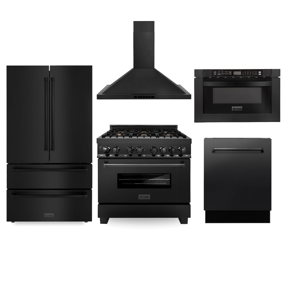 ZLINE Kitchen Package with Black Stainless Steel 36 in. Dual Fuel Range, 36 in. Range Hood, 36 in. French Door Refrigerator, 24 in. Microwave Drawer, and 24 in. Tall Tub Dishwasher (5KPR-RABRH36-MWDWV)