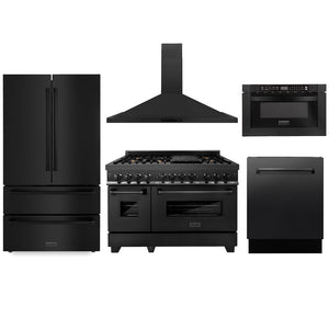 ZLINE Kitchen Package with Black Stainless Steel 48 in. Dual Fuel Range, 48 in. Range Hood, 36 in. French Door Refrigerator, 24 in. Microwave Drawer, and 24 in. Tall Tub Dishwasher (5KPR-RABRH48-MWDWV)