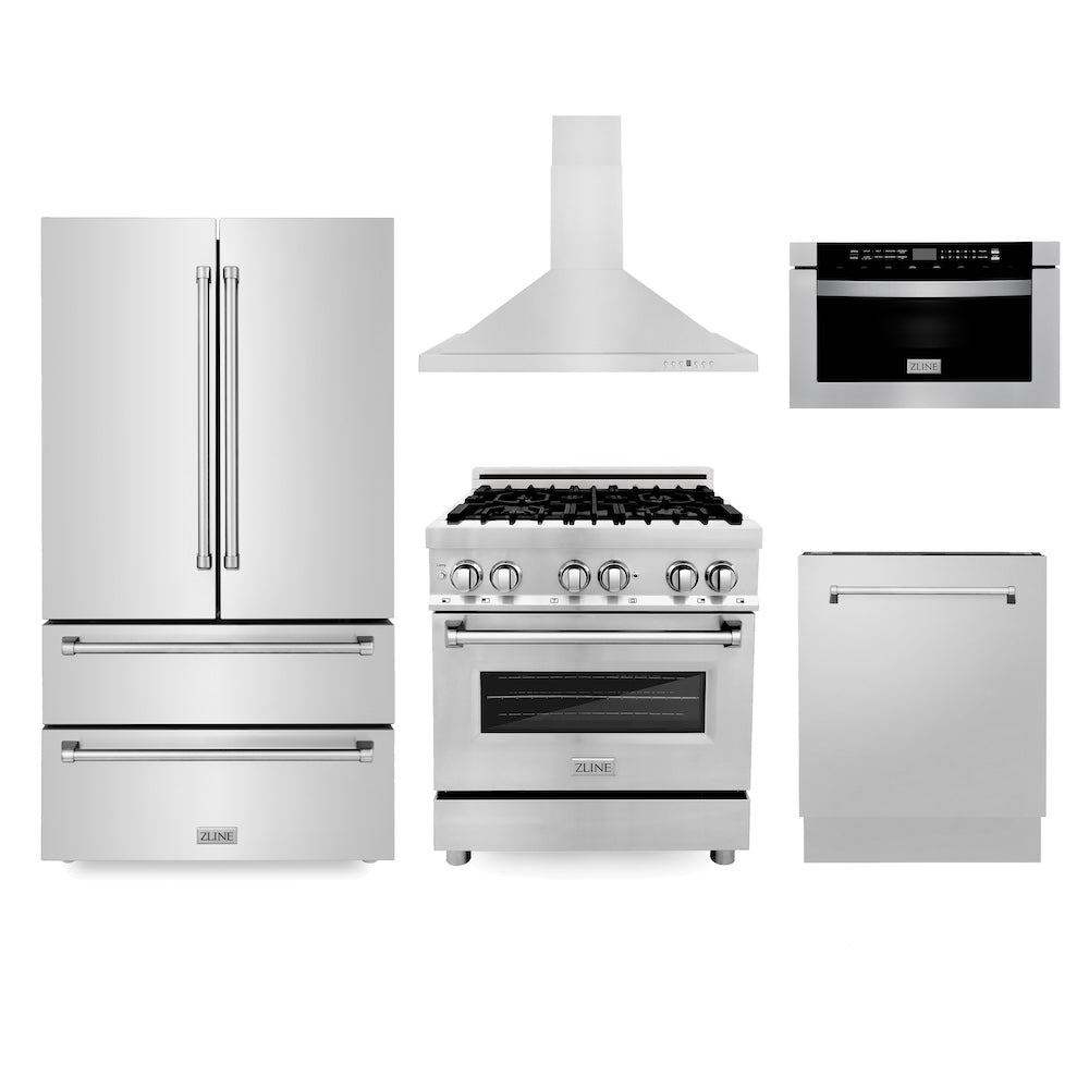 ZLINE Kitchen Package with Refrigerator, 30 in. Stainless Steel Dual Fuel Range, 30 in. Range Hood, Microwave Drawer, and 24 in. Tall Tub Dishwasher (5KPR-RARH30-MWDWV)