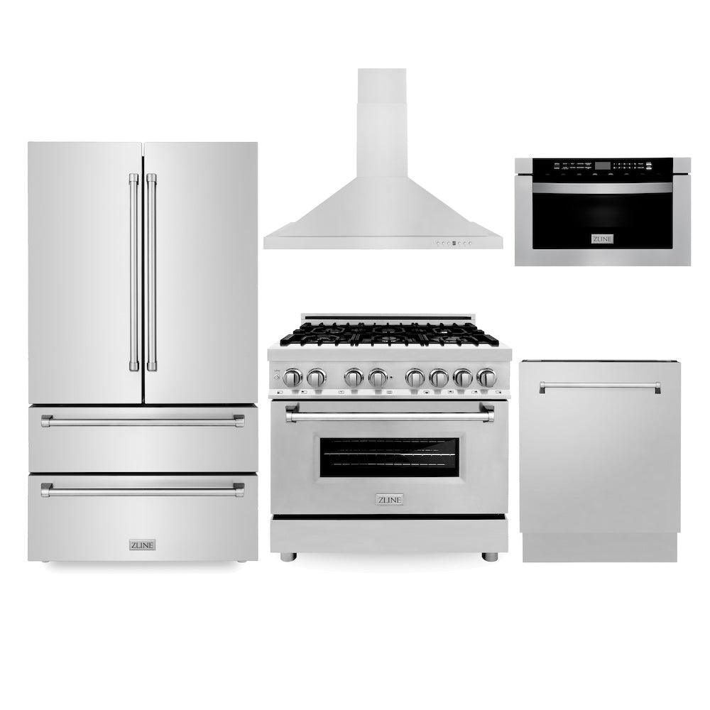 ZLINE Kitchen Package with 36 in. Stainless Steel Dual Fuel Range, 36 in. Range Hood, 36 in. Refrigerator, 24 in. Microwave Drawer, and 24 in. Tall Tub Dishwasher (5KPR-RARH36-MWDWV)