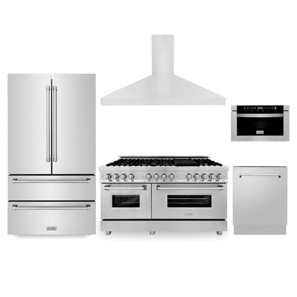 ZLINE Kitchen Package with 60 in. Stainless Steel Dual Fuel Range, 60 in. Range Hood, French Door Refrigerator, Microwave Drawer, and 24 in. Tall Tub Dishwasher (5KPR-RARH60-MWDWV)