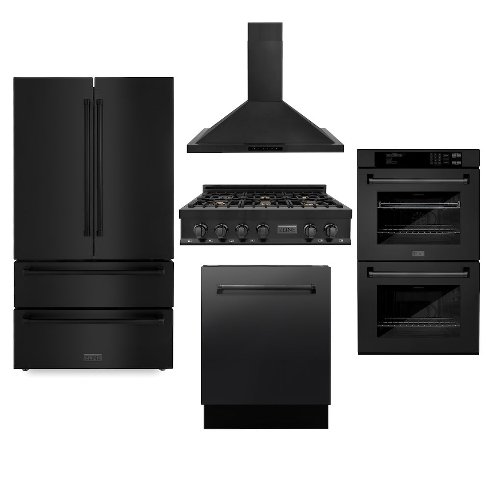 ZLINE Kitchen Package with Black Stainless Steel 36 in. Rangetop, 36 in. Range Hood, 30 in. Double Wall Oven, 36 in. French Door Refrigerator, and 24 in. Tall Tub Dishwasher (5KPR-RTBRH36-AWDDWV)