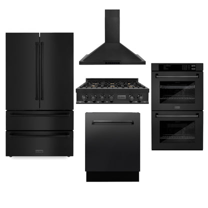 ZLINE Kitchen Package with Black Stainless Steel Refrigeration, 36 in. Rangetop, 36 in. Range Hood, 30 in. Double Wall Oven, and 24 in. Tall Tub Dishwasher (5KPR-RTBRH36-AWDDWV)