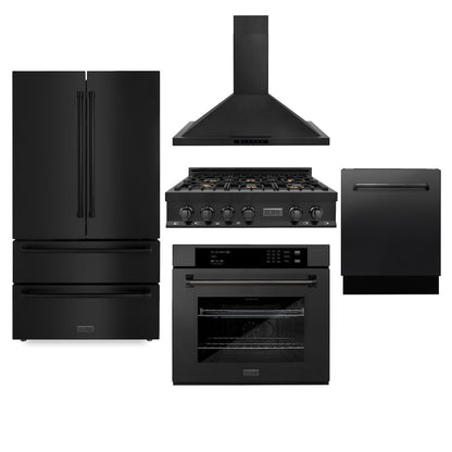 ZLINE Kitchen Package with Black Stainless Steel Refrigeration, 36 in. Rangetop, 36 in. Range Hood, 30 in. Single Wall Oven, and 24 in. Tall Tub Dishwasher (5KPR-RTBRH36-AWSDWV)