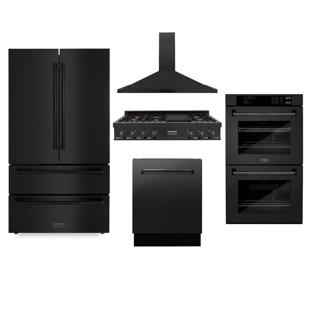 ZLINE Kitchen Package with Black Stainless Steel 48 in. Rangetop, 48 in. Range Hood, 30 in. Double Wall Oven, 36 in. French Door Refrigerator, and 24 in. Tall Tub Dishwasher (5KPR-RTBRH48-AWDDWV)