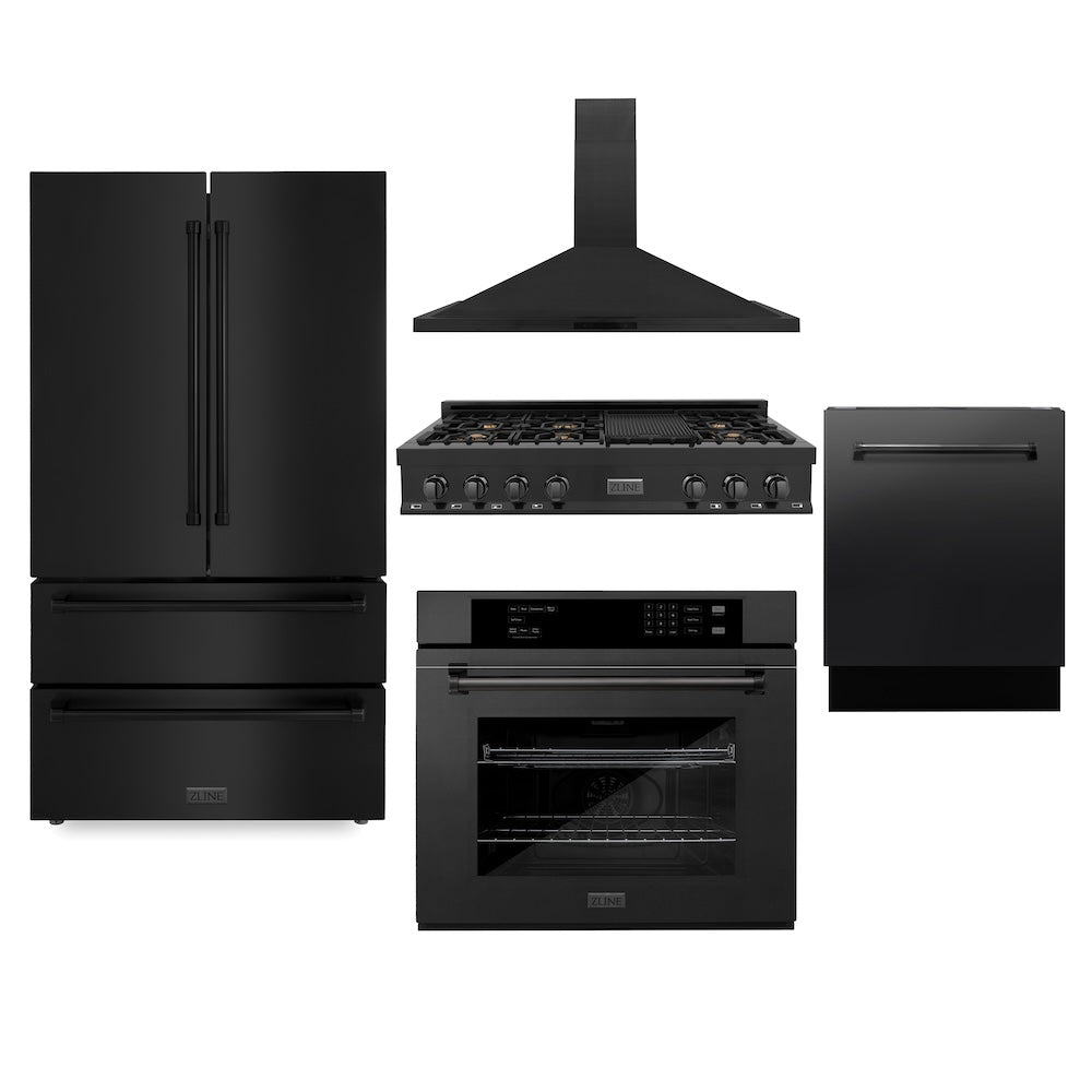 ZLINE Kitchen Package with Black Stainless Steel Refrigeration, 48 in. Rangetop, 48 in. Range Hood, 30 in. Single Wall Oven, and 24 in. Tall Tub Dishwasher (5KPR-RTBRH48-AWSDWV)