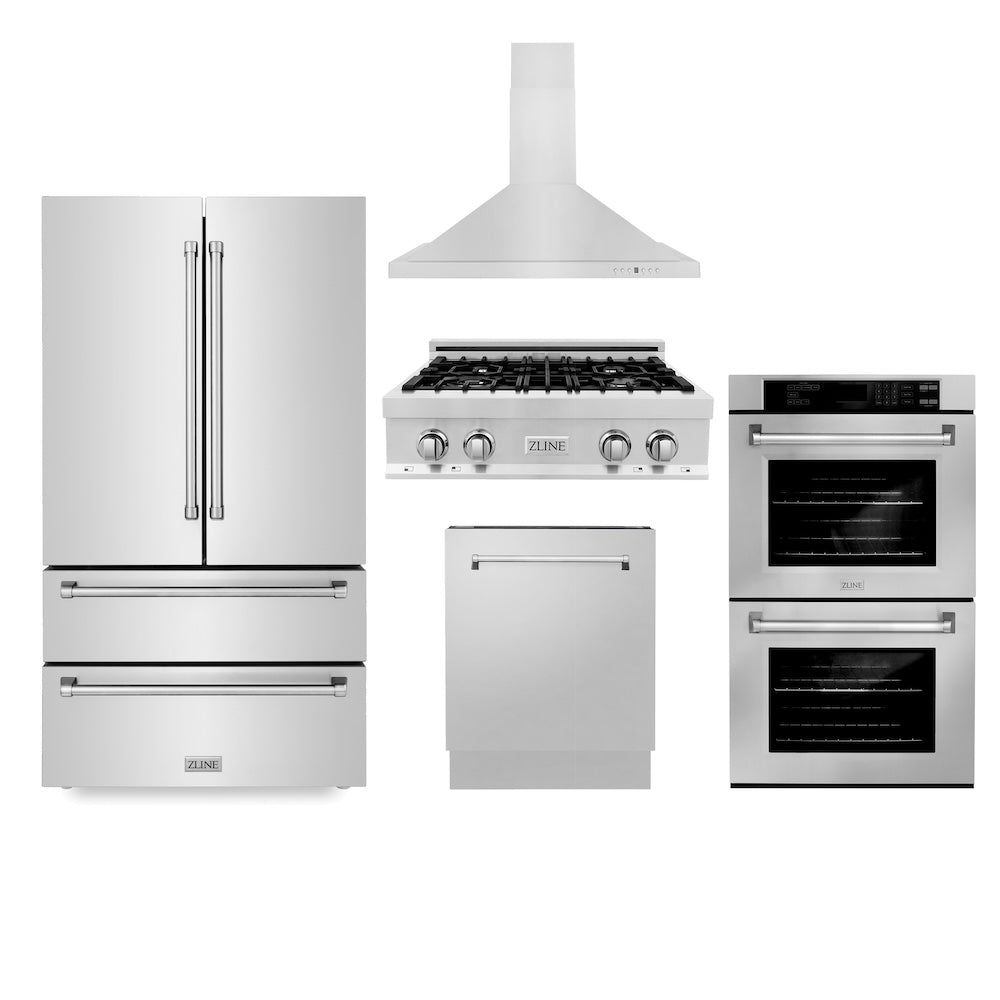 ZLINE Kitchen Package with Refrigerator, 30 in. Stainless Steel Rangetop, 30 in. Range Hood, 30 in. Double Wall Oven and 24 in. Tall Tub Dishwasher (5KPR-RTRH30-AWDDWV)