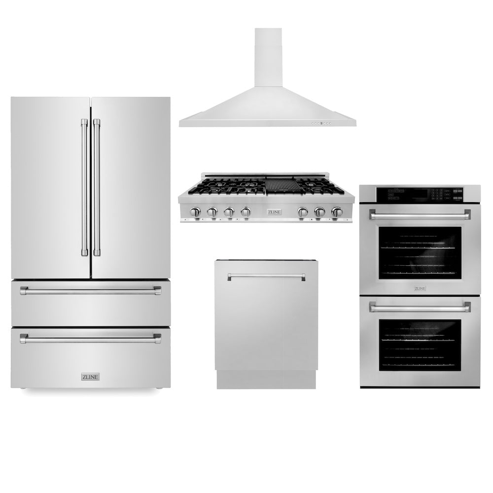 ZLINE Kitchen Package with 48 in. Stainless Steel Rangetop, 48 in. Range Hood, 30 in. Double Wall Oven, 36 in. French Door Refrigerator, and 24 in. Tall Tub Dishwasher (5KPR-RTRH48-AWDDWV)