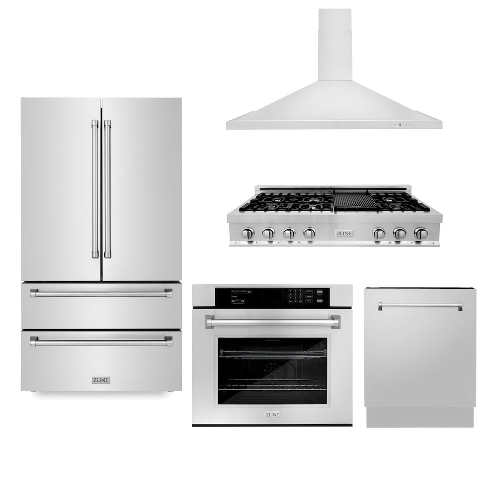 ZLINE Kitchen Package with Refrigeration, 48 in. Stainless Steel Rangetop, 48 in. Range Hood, 30 in. Single Wall Oven and 24 in. Tall Tub Dishwasher (5KPR-RTRH48-AWSDWV)